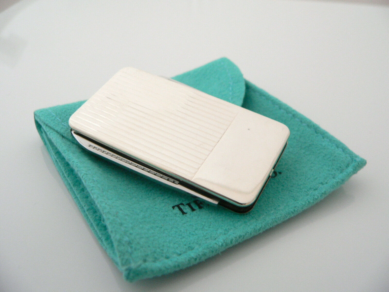 Tiffany & Co Silver Stripe Knife Nail File Money Clip Holder Rare Gift Pouch