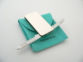 Tiffany & Co Silver Stripe Knife Nail File Money Clip Holder Rare Gift Pouch
