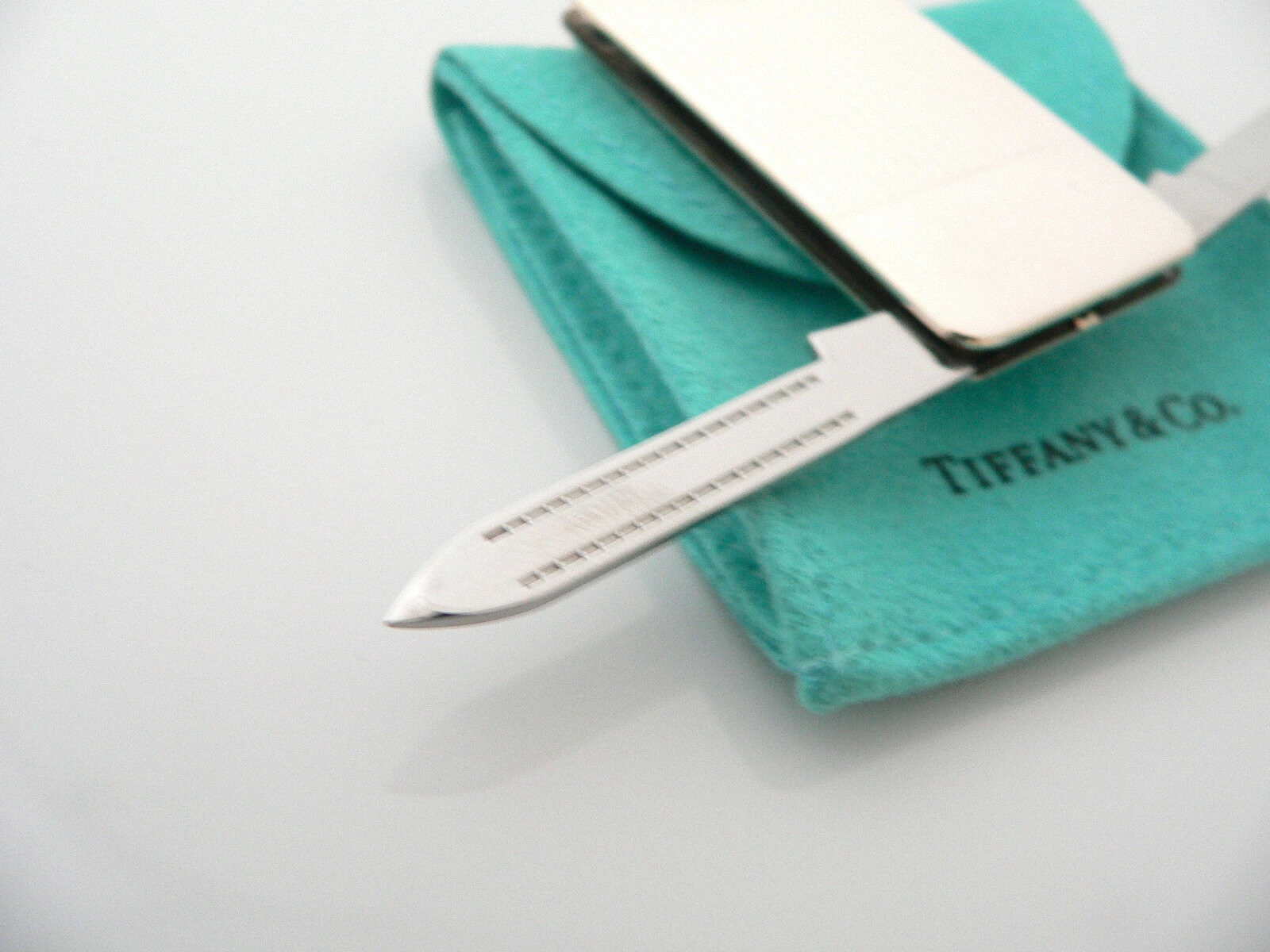 Tiffany & Co Silver Stripe Knife Nail File Money Clip Holder Rare Gift Pouch