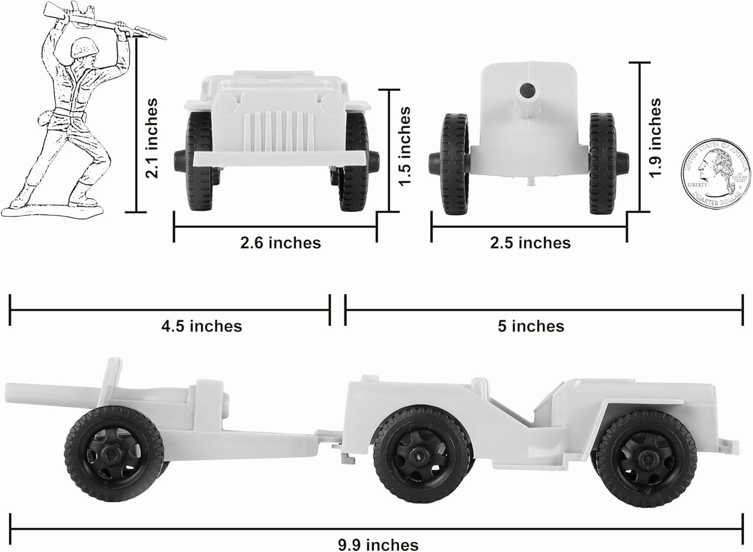 TimMee Combat Patrol Willys & Artillery - White 4pc Playset USA Made