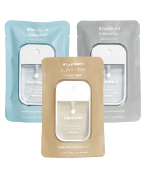 Touchland Power Mist Hydrating Hand Sanitizer Spray, DYE FREE Trio Set (Rainwater, Unscented, Beach Coco), 1 FL. OZ. Travel Size (Set of 3)