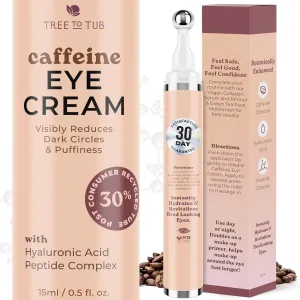 Tree to Tub Caffeine Eye Cream - Hydrating & Firming Under Eye Cream for Dark Circles, Eye Roller for Puffy Eyes, Reduces the Look of Puffiness and Bags, Coffee Eye Cream w/Hyaluronic Acid, Peptides