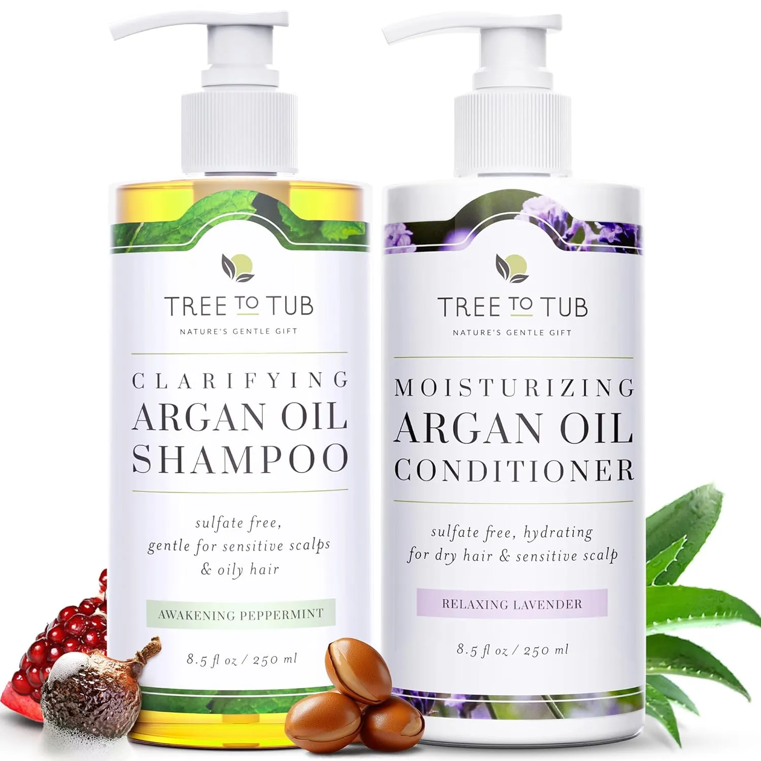 Tree to Tub Peppermint Shampoo for Oily Hair & Sensitive Scalp - Gentle Clarifying Shampoo for Build Up Hydrating Sulfate Free Argan Oil Conditioner & Vegan Hair Moisturizer