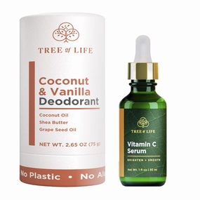 Tree of Life Beauty Vitamin C Facial Serum for Dry and Sensitive Skin (1 Fl Oz) and Coconut and Vanilla Aluminum Free Deodorant for Women (2.65 Oz) - Skin Brightening Face Oil for Dark and Age Spots