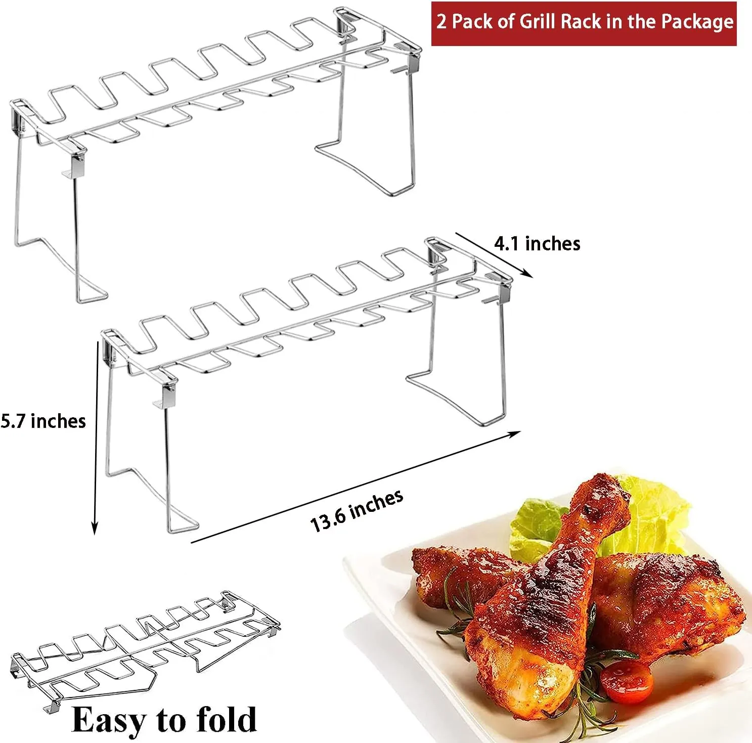 Triceratops 2 Packs Grill Rack, Chicken Leg and Wing Rack, 14 Slots BBQ Chicken Drumsticks Holder Stainless Steel Roaster Stand for Smoker Grill, Oven, Charcoal Grill