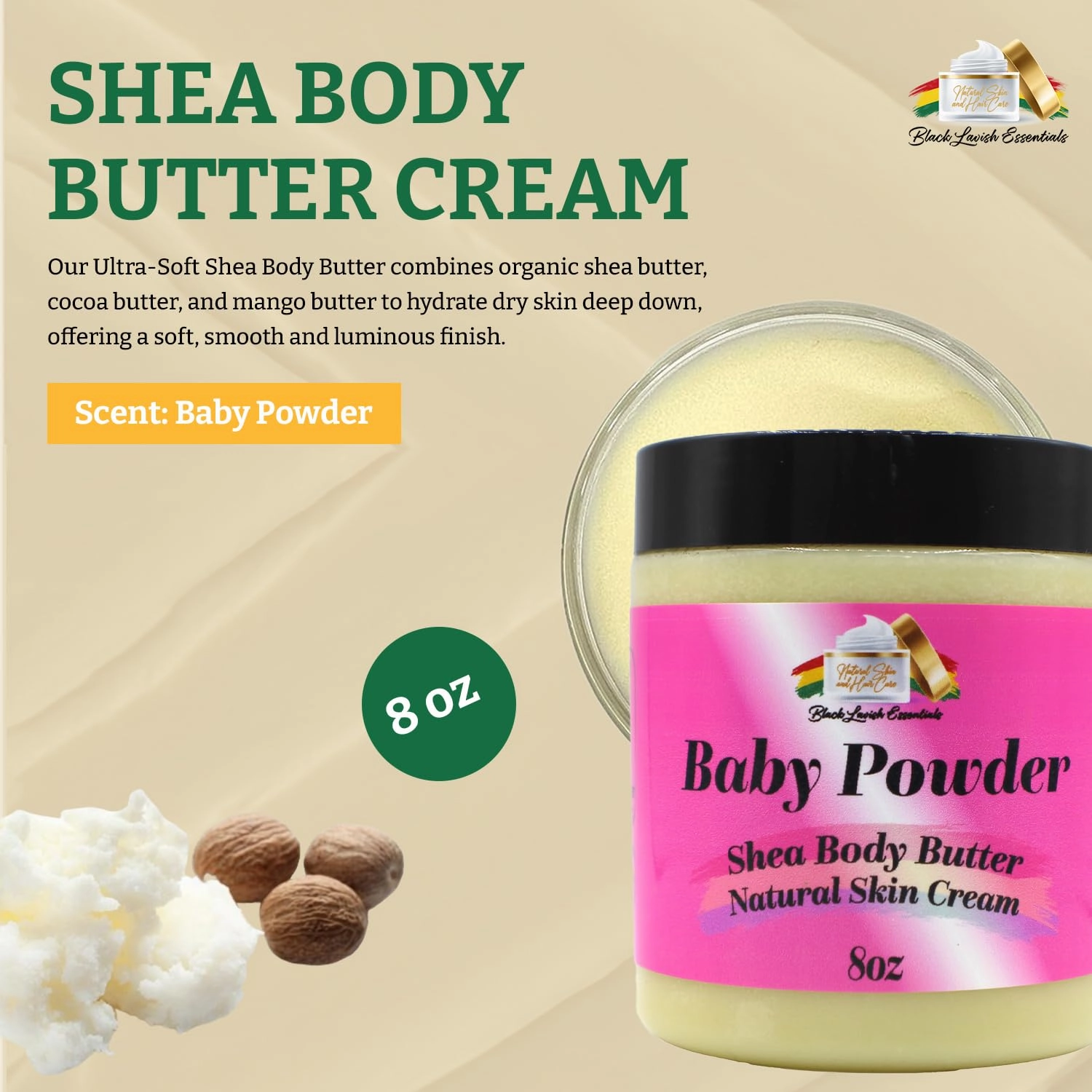 Ultra-Soft Shea Body Butter, Dry Skin Cream for Radiant Moisturized Skin, Natural Hydrating Body Lotion with Aloe Vera, Argan Oil, Rosehip Oil, (Baby Powder, 8oz)