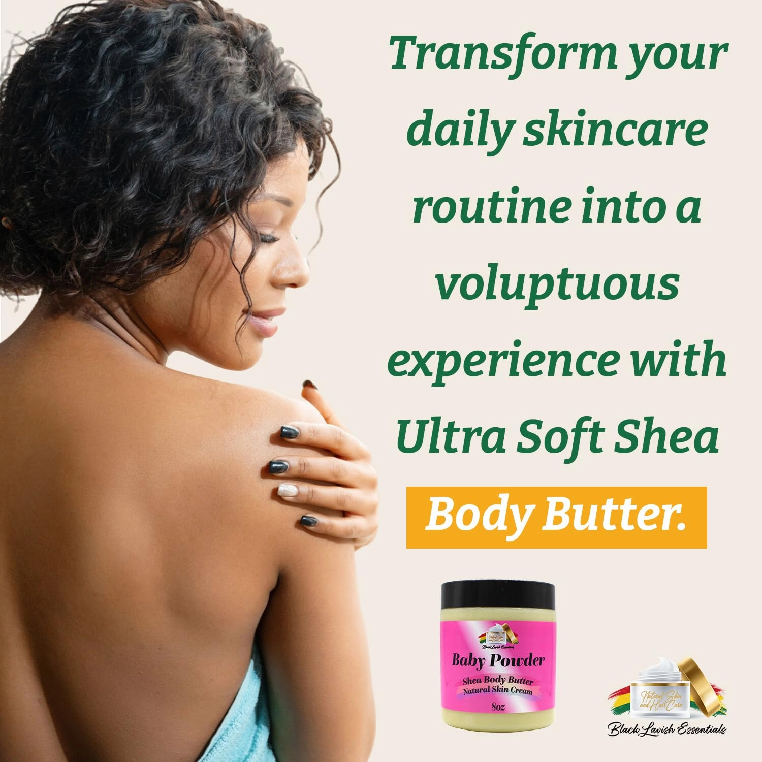 Ultra-Soft Shea Body Butter, Dry Skin Cream for Radiant Moisturized Skin, Natural Hydrating Body Lotion with Aloe Vera, Argan Oil, Rosehip Oil, (Baby Powder, 8oz)