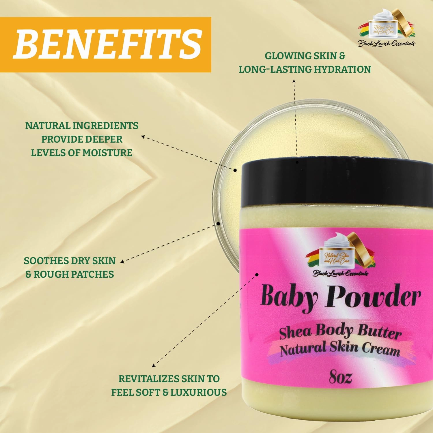 Ultra-Soft Shea Body Butter, Dry Skin Cream for Radiant Moisturized Skin, Natural Hydrating Body Lotion with Aloe Vera, Argan Oil, Rosehip Oil, (Baby Powder, 8oz)