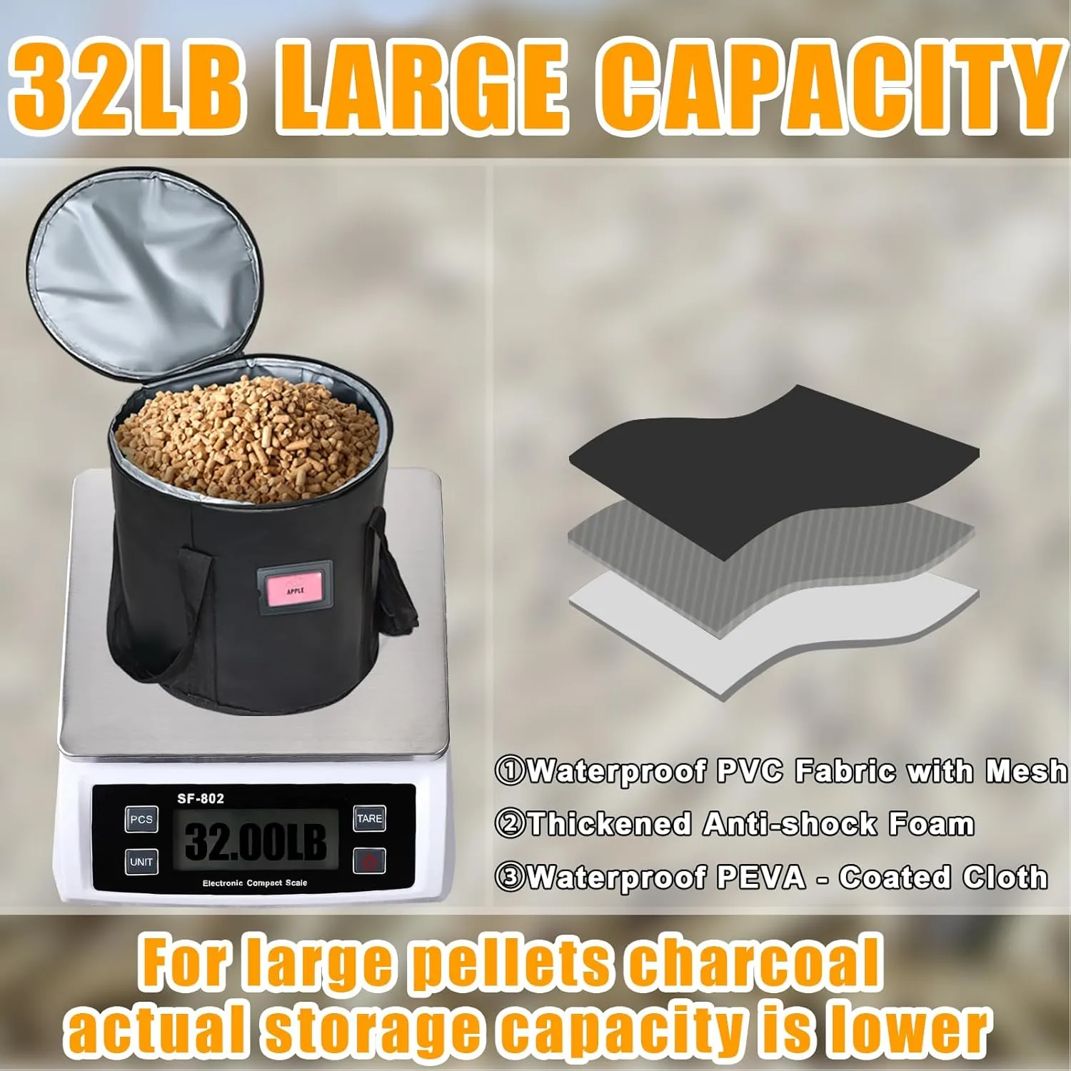 Upgraded 2PCS 32LBS Pellet Grills Stay Dry Pellet Bin - Wood Pellet Storage Bag Container - Smoker Pellet Dispenser - Anti-Shock Foam Layer Reduces Wood Pellets/Charcoal Chipping