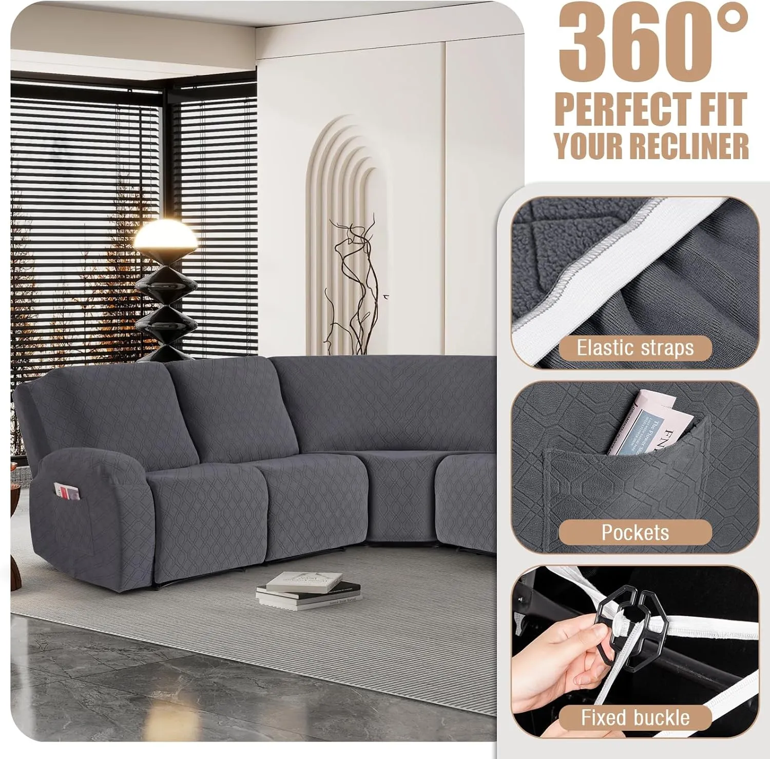 VANSOFY Extra Large Reclining Sectional Couch Covers, Washable 5-Piece Sofa Covers for L Shape Sectional Sofa Corner Seater, Thick, Soft Sofa Slipcovers (5 Seat Recliner Cover,Charcoal Gray)