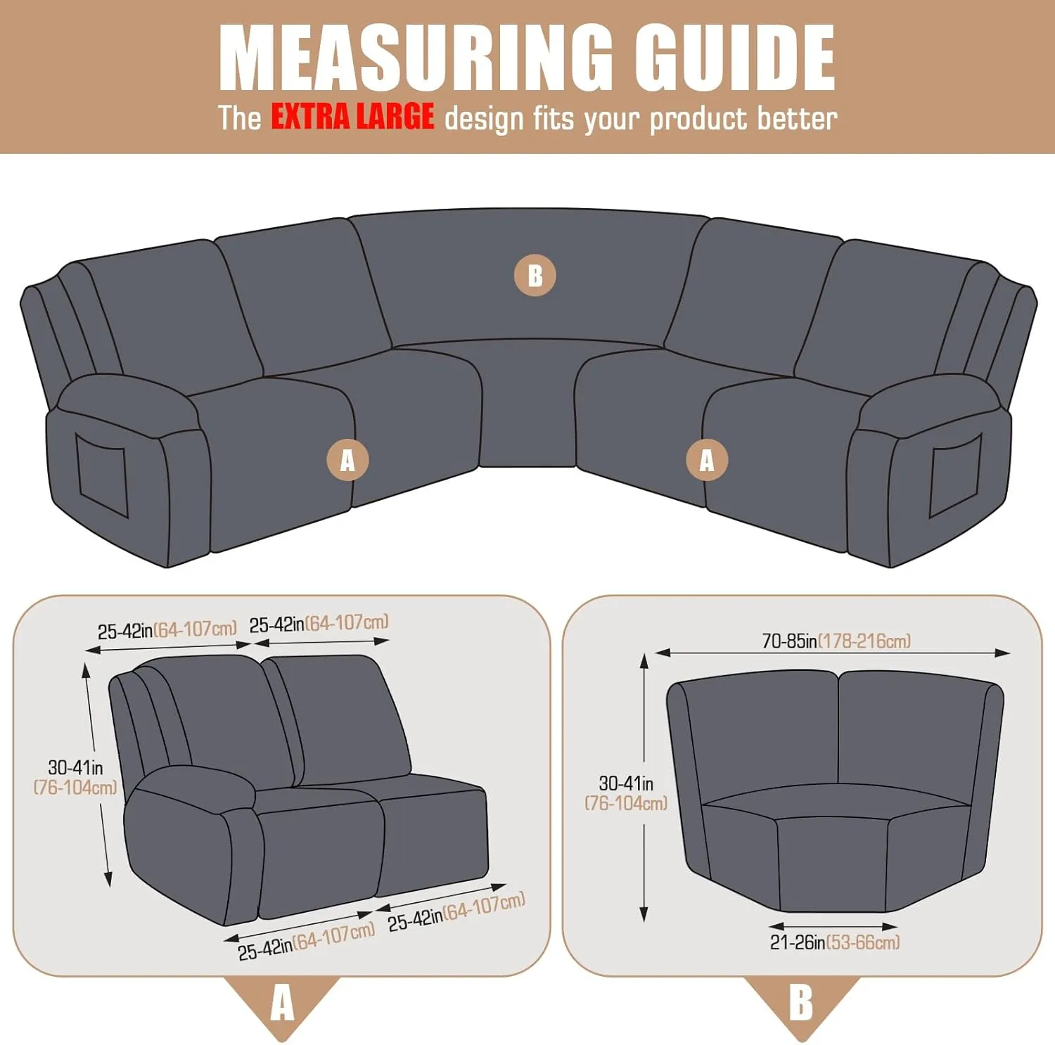 VANSOFY Extra Large Reclining Sectional Couch Covers, Washable 5-Piece Sofa Covers for L Shape Sectional Sofa Corner Seater, Thick, Soft Sofa Slipcovers (5 Seat Recliner Cover,Charcoal Gray)