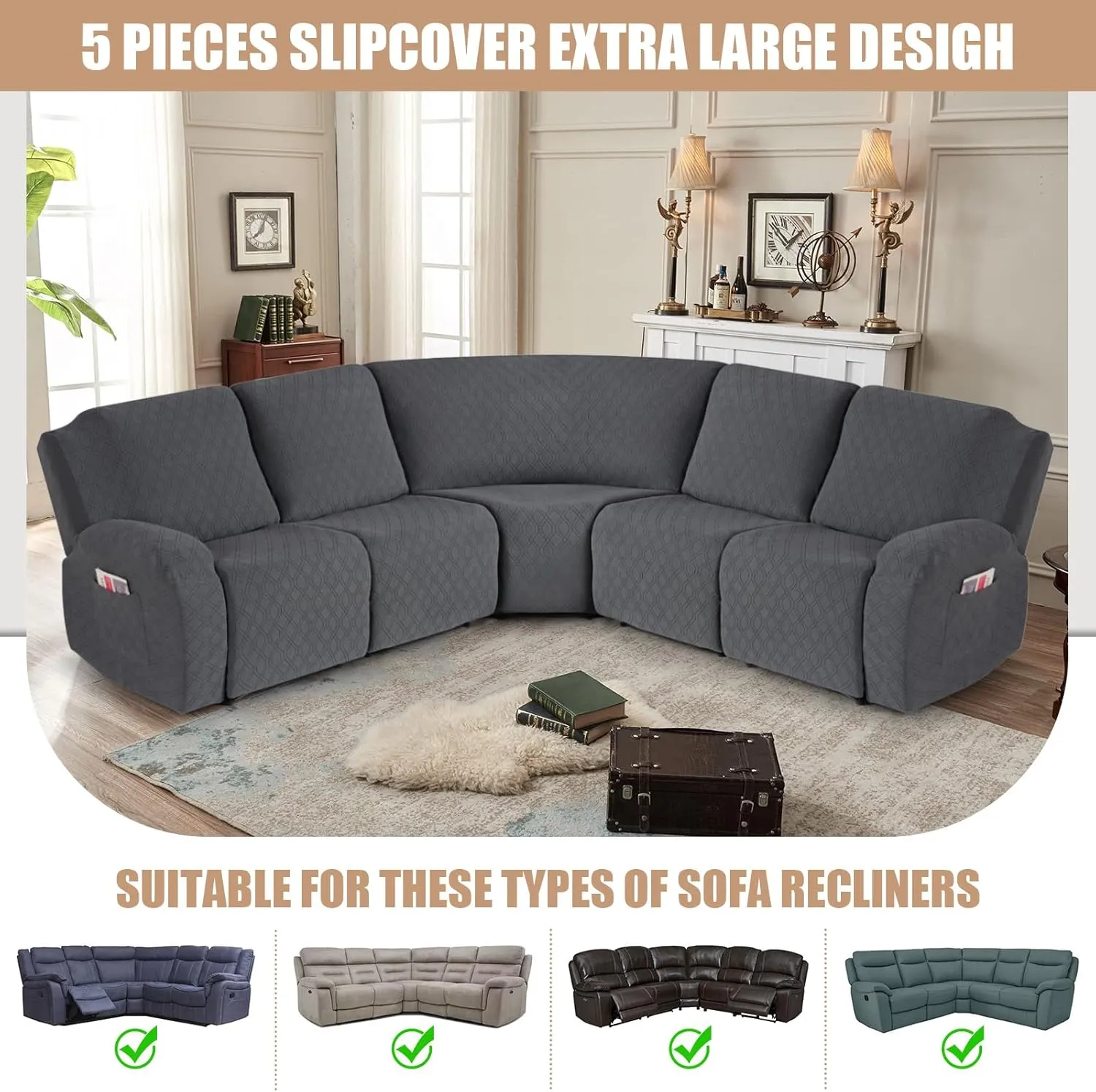VANSOFY Extra Large Reclining Sectional Couch Covers, Washable 5-Piece Sofa Covers for L Shape Sectional Sofa Corner Seater, Thick, Soft Sofa Slipcovers (5 Seat Recliner Cover,Charcoal Gray)