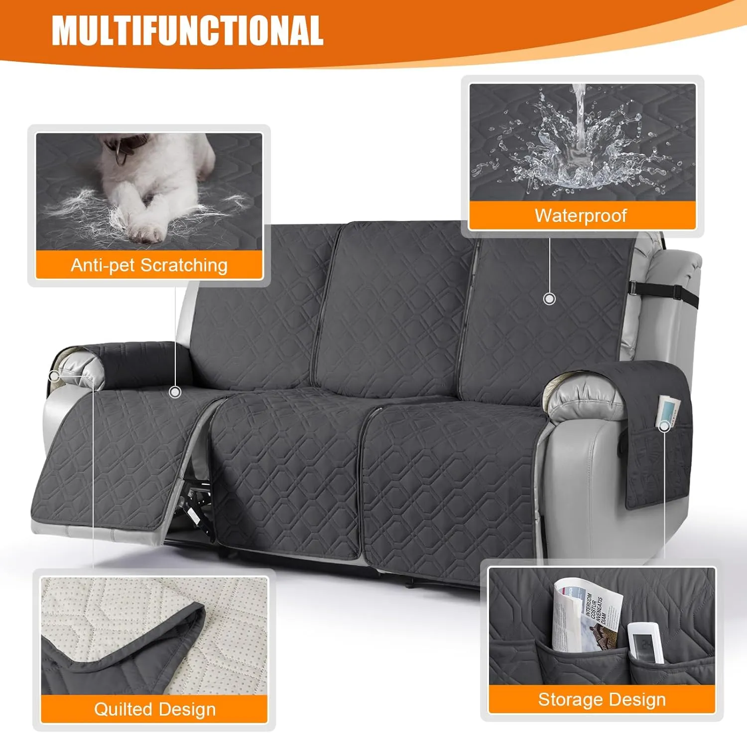 VANSOFY Waterproof Recliner Couch Covers, Sofa Covers 1-Piece Washable Reclining Sofa Cover Non-Slip Furniture Protector with Elastic Straps Pocket for Dogs, Pets(Charcoal Gray,3 Seater)