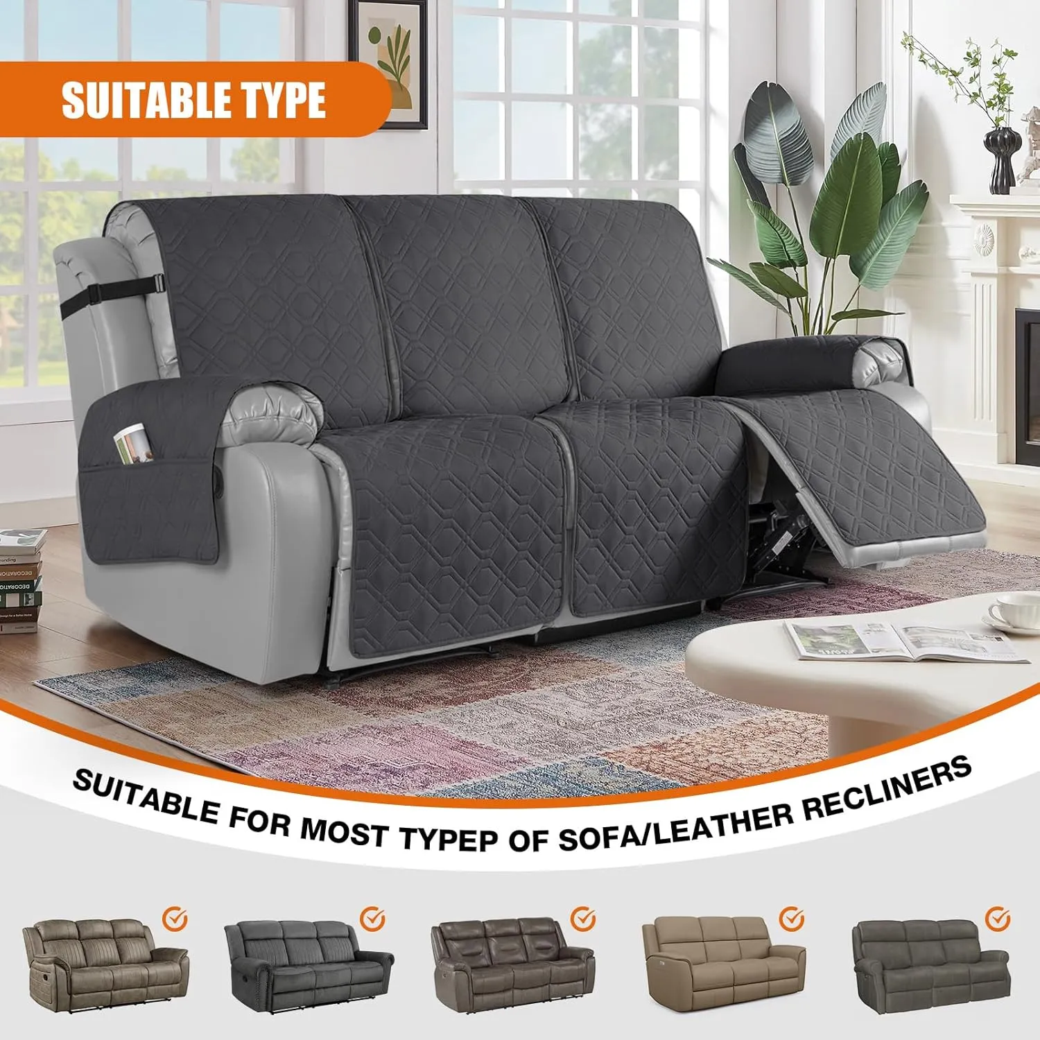 VANSOFY Waterproof Recliner Couch Covers, Sofa Covers 1-Piece Washable Reclining Sofa Cover Non-Slip Furniture Protector with Elastic Straps Pocket for Dogs, Pets(Charcoal Gray,3 Seater)