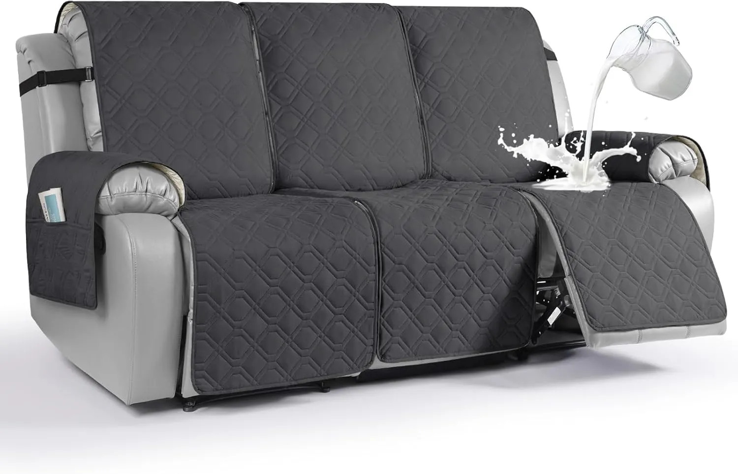 VANSOFY Waterproof Recliner Couch Covers, Sofa Covers 1-Piece Washable Reclining Sofa Cover Non-Slip Furniture Protector with Elastic Straps Pocket for Dogs, Pets(Charcoal Gray,3 Seater)