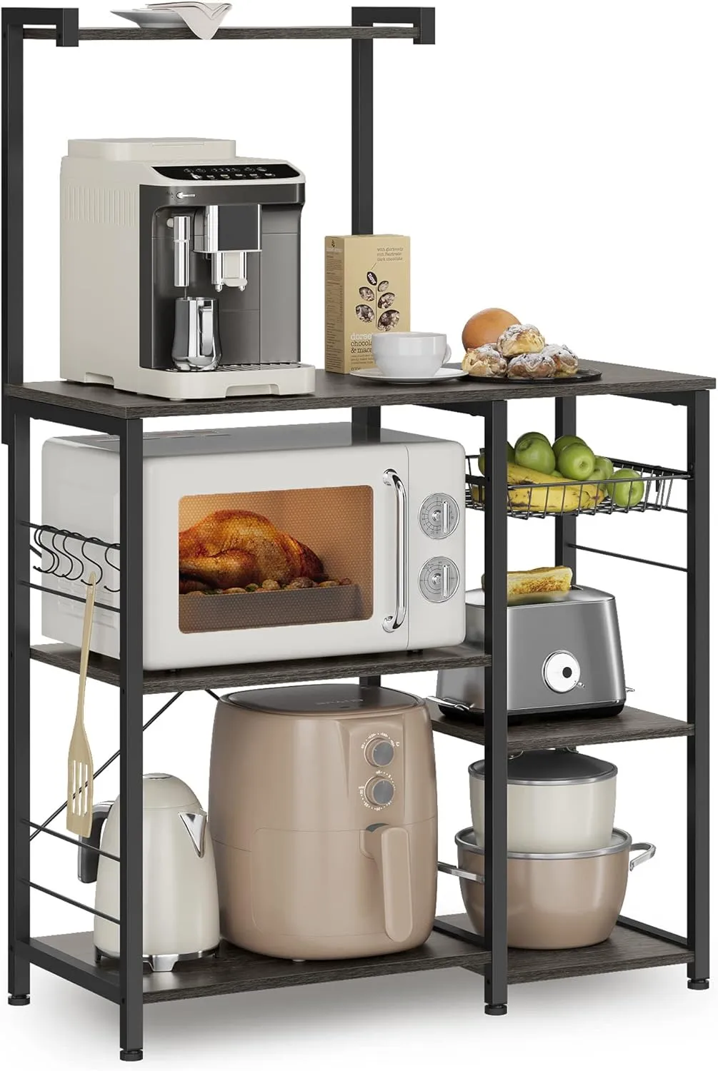 VASAGLE Baker's Rack, Microwave Stand, Kitchen Storage Rack with Wire Basket, 6 Hooks, and Shelves, for Spices, Pots, and Pans, Charcoal Gray and Ink Black UKKS035B04