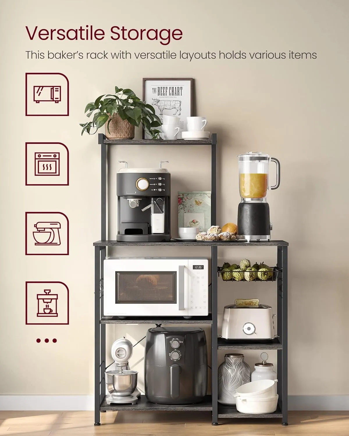 VASAGLE Baker's Rack, Microwave Stand, Kitchen Storage Rack with Wire Basket, 6 Hooks, and Shelves, for Spices, Pots, and Pans, Charcoal Gray and Ink Black UKKS035B04