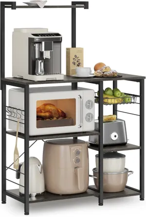 VASAGLE Baker's Rack, Microwave Stand, Kitchen Storage Rack with Wire Basket, 6 Hooks, and Shelves, for Spices, Pots, and Pans, Charcoal Gray and Ink Black UKKS035B04