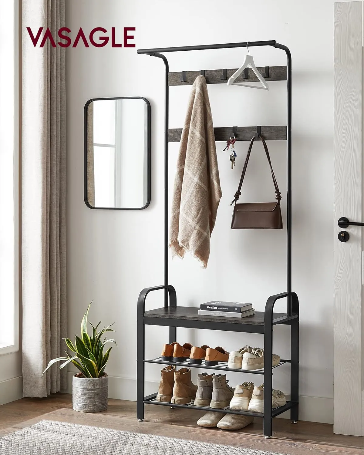 VASAGLE Coat Rack, Hall Tree with Shoe Bench for Entryway, Entryway Bench with Coat Rack, 4-in-1, with 9 Removable Hooks, a Hanging Rod, 13.3 x 28.3 x 72.1 Inches, Charcoal Gray and Black UHSR040B04