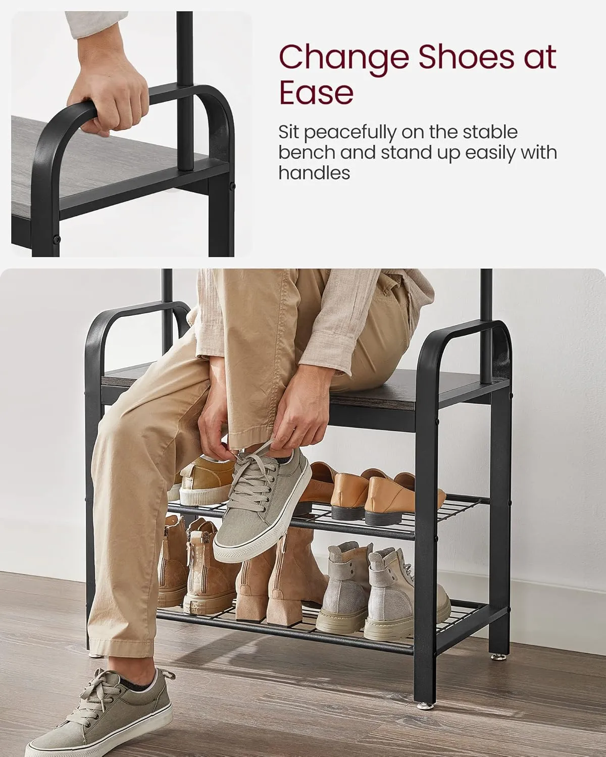 VASAGLE Coat Rack, Hall Tree with Shoe Bench for Entryway, Entryway Bench with Coat Rack, 4-in-1, with 9 Removable Hooks, a Hanging Rod, 13.3 x 28.3 x 72.1 Inches, Charcoal Gray and Black UHSR040B04