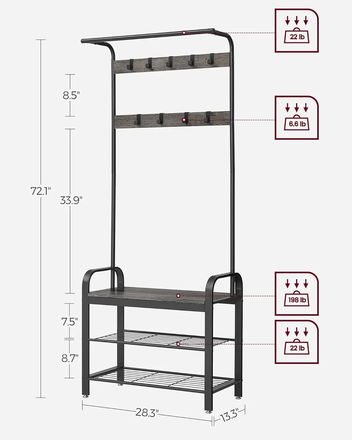 VASAGLE Coat Rack, Hall Tree with Shoe Bench for Entryway, Entryway Bench with Coat Rack, 4-in-1, with 9 Removable Hooks, a Hanging Rod, 13.3 x 28.3 x 72.1 Inches, Charcoal Gray and Black UHSR040B04