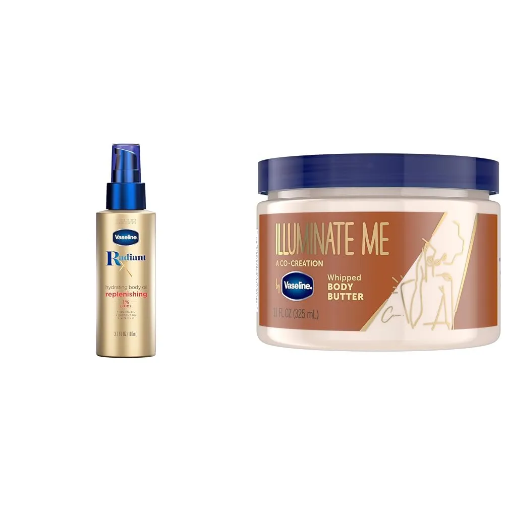 Vaseline Radiant X Replenishing Body Oil with Jojoba & Coconut Oils 3.7oz   Illuminate Me Shea Butter Whipped Body Butter for Melanin Rich Skin 11oz