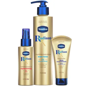 Vaseline Radiant X Skin Care Set - Even Tone Nourishing Body Lotion with 1% Niacinamide & Hydrating Body Oil with 1% Lipids   Deep Nourishment Hand Butter with 100% Pure Shea Butter (3 Piece Set)