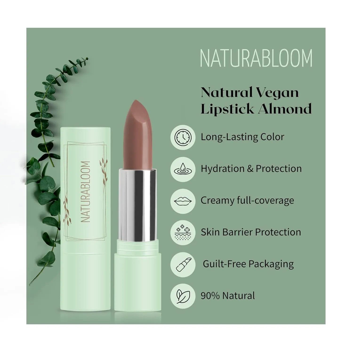 Vegan Lipstick (Almond) - Sensational One-Stroke Long Lasting Lipstick from Natural Oils & Butters - Full-Coverage Lip Color with Shea Butter & Coconut Extact - Premium Hydrating Lipsticks