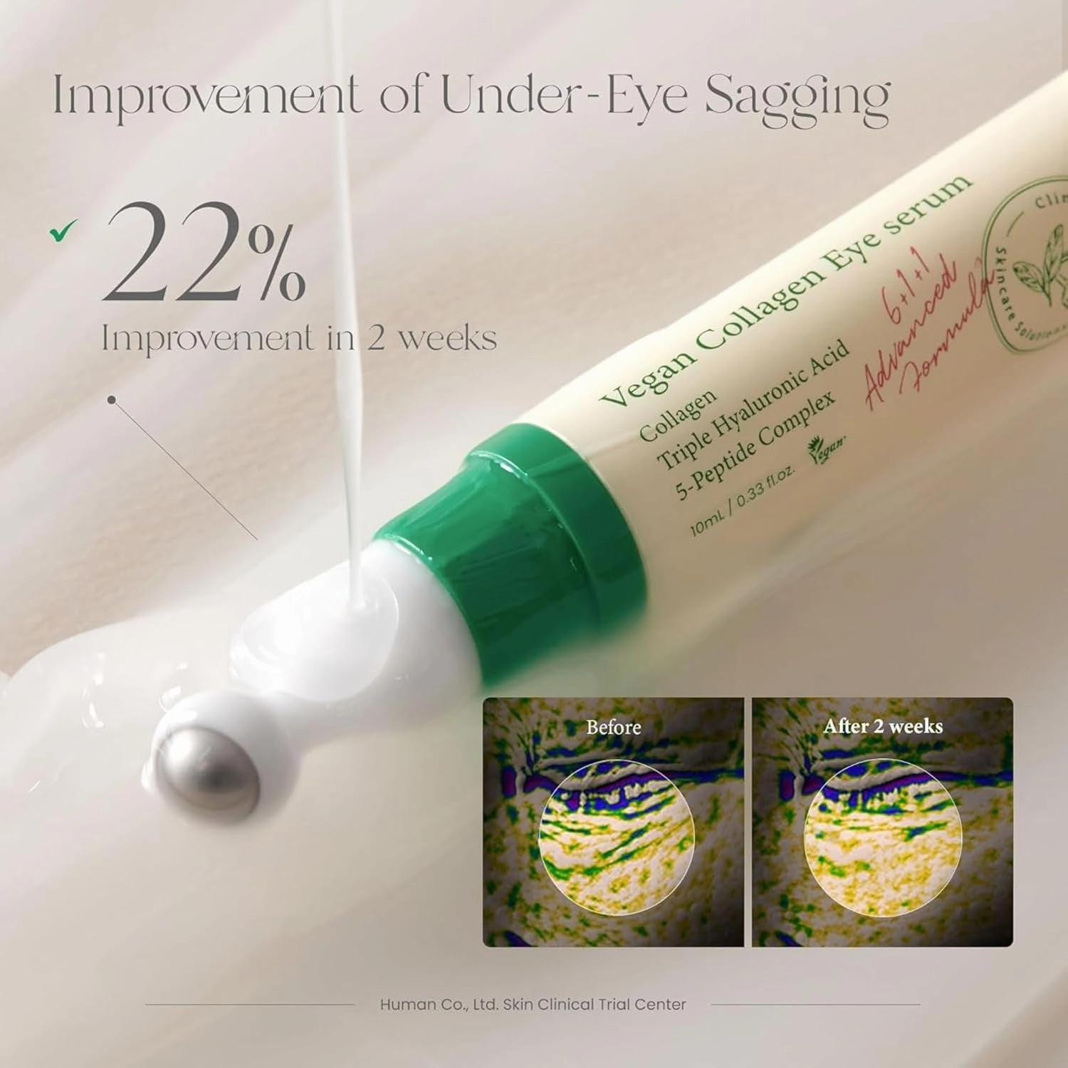 Vegan Collagen Eye Serum - K Beauty Triple Hyaluronic Acid & Peptide Collagen Serum Improve Skin Elasticity, Reduce Fine Lines & Dark Circles - Vegan Korean Skin Care Eye Cream - 0.33 Fl. Oz.