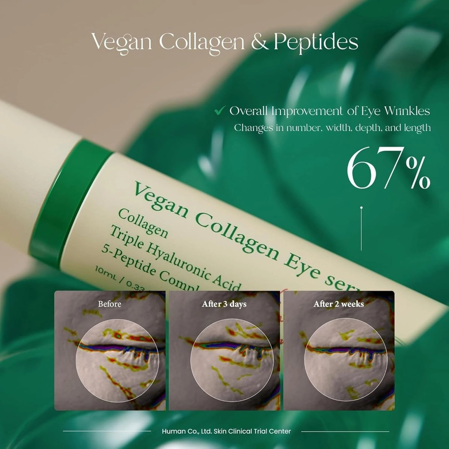 Vegan Collagen Eye Serum - K Beauty Triple Hyaluronic Acid & Peptide Collagen Serum Improve Skin Elasticity, Reduce Fine Lines & Dark Circles - Vegan Korean Skin Care Eye Cream - 0.33 Fl. Oz.