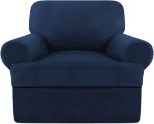 Velvet T-Cushion Sofa Cover 2-Piece Set – Stretchable Armchair Slipcover for 1-Seater Couches, Includes 1 T-Cushion Cover – Soft Furniture Protector (Navy, Armchair)