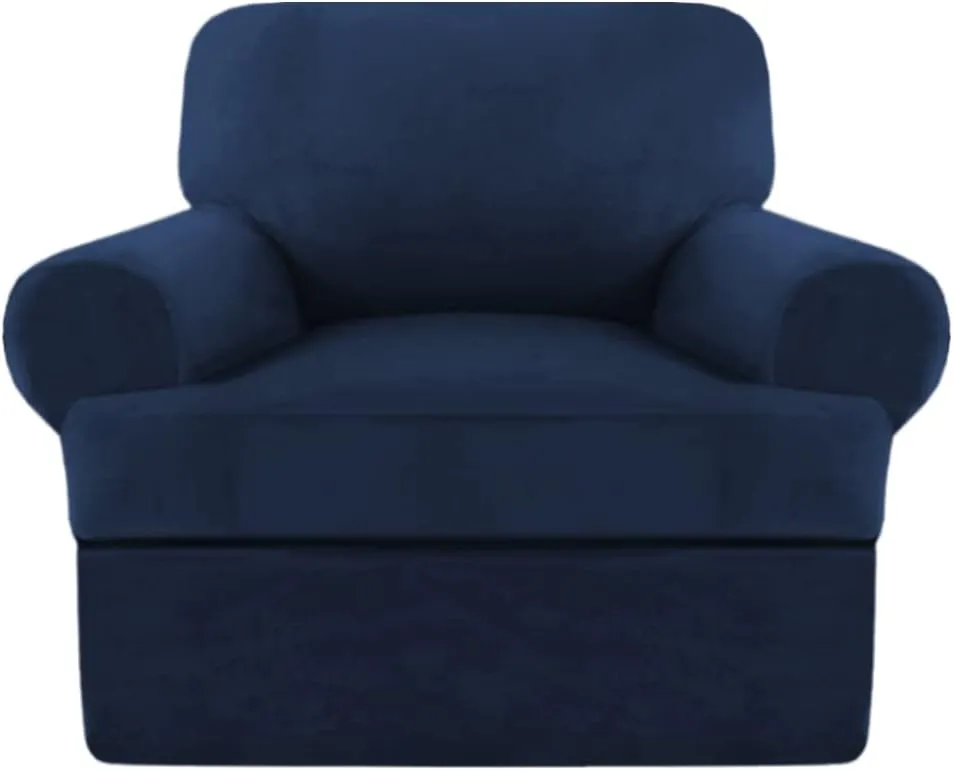 Velvet T-Cushion Sofa Cover 2-Piece Set – Stretchable Armchair Slipcover for 1-Seater Couches, Includes 1 T-Cushion Cover – Soft Furniture Protector (Navy, Armchair)