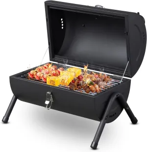 VINGLI Portable Charcoal Grill with Thermometer & Wooden Handle, Multi-functional Metal Compact Tabletop BBQ Outdoor Charcoal Grill for Camping Travel Picnic Patio