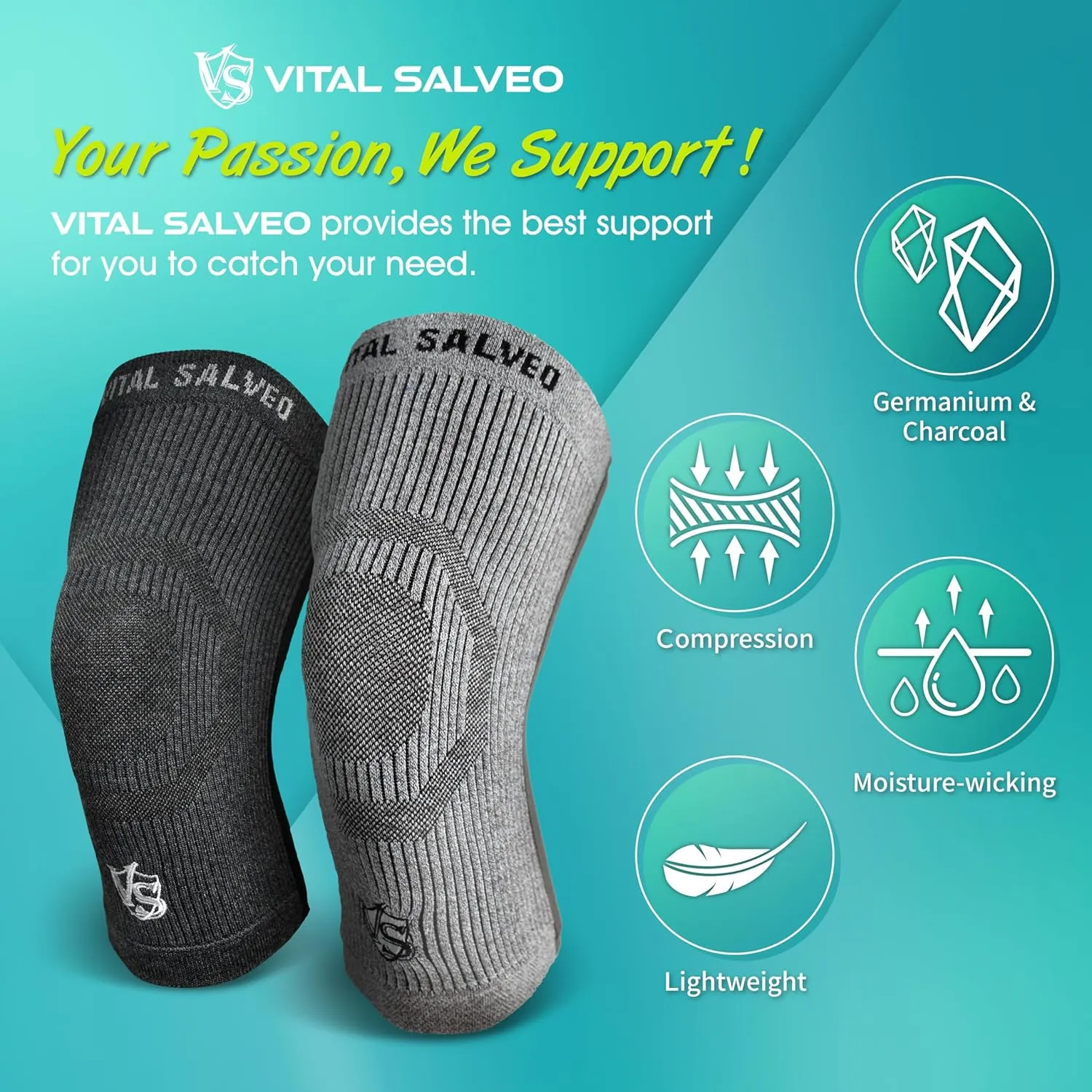 VITAL SALVEO-Compression Recovery Knee Sleeve/Brace S-Support, Pain Relief, Protects Joint - Ideal for Sports and Daily Wear-Light Grey (1 Pair)-XXXL