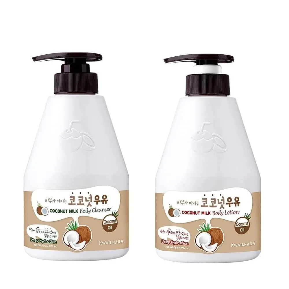 WELCOS Kwailnara Coconut Milk Body Lotion & Body Wash Set – Deeply Hydrating & Refreshing Korean Skincare Set with Coconut Extract, 560g / 19.75oz Each