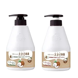 WELCOS Kwailnara Coconut Milk Body Lotion & Body Wash Set – Deeply Hydrating & Refreshing Korean Skincare Set with Coconut Extract, 560g / 19.75oz Each