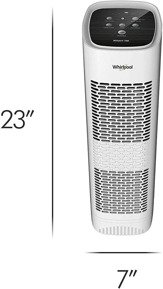 Whirlpool WPT80P Whispure True Hepa Air Purifier, Activated Carbon Advanced Anti-Bacteria, Ideal for Wildfire, Allergies, Odors, Pet Dander, Mold, Smoke and Germs, Large, White