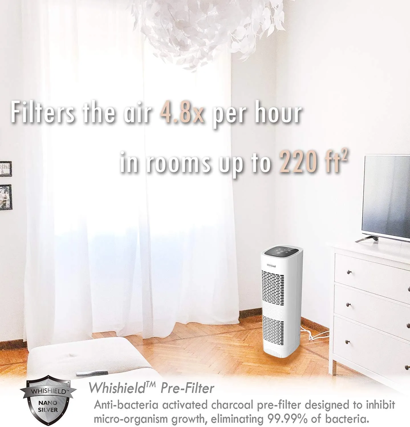Whirlpool WPT80P Whispure True Hepa Air Purifier, Activated Carbon Advanced Anti-Bacteria, Ideal for Wildfire, Allergies, Odors, Pet Dander, Mold, Smoke and Germs, Large, White