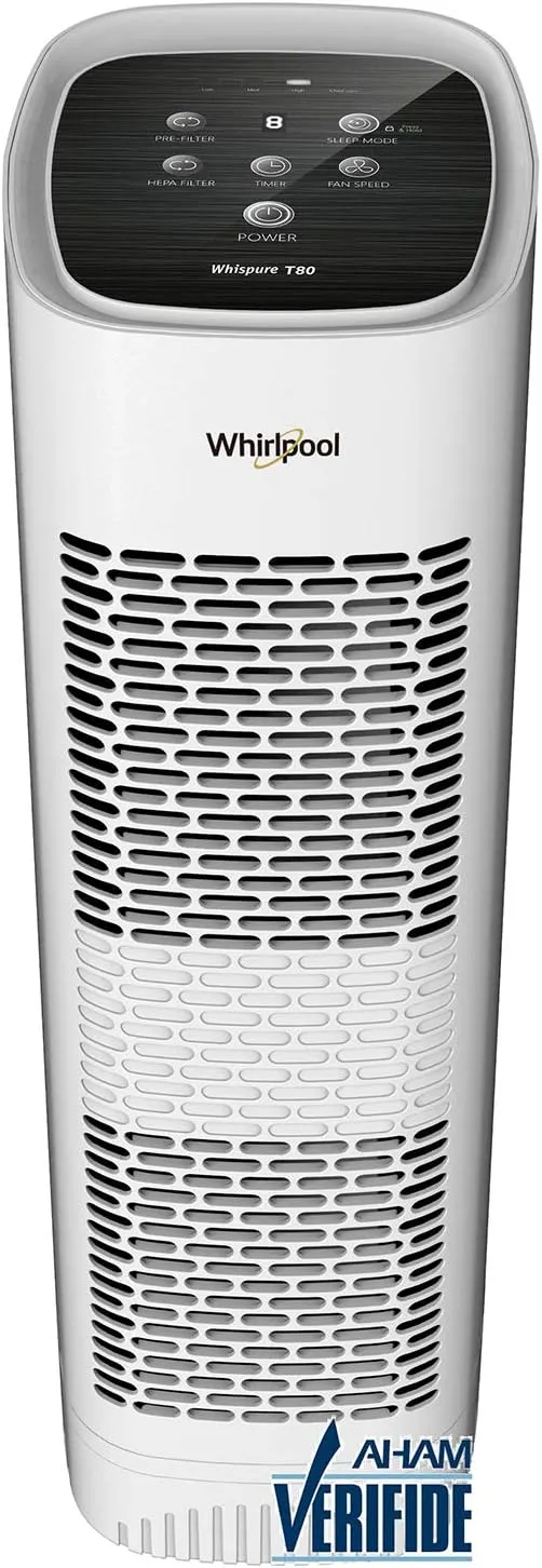 Whirlpool WPT80P Whispure True Hepa Air Purifier, Activated Carbon Advanced Anti-Bacteria, Ideal for Wildfire, Allergies, Odors, Pet Dander, Mold, Smoke and Germs, Large, White