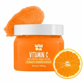 Wild'Oak Vitamin C Shea Butter Sugar Scrub | 300gm | With Collagen & Peptides | Tan Removal | Lightens Dark Area Like Neck & Elbows | Smoothen Bumpy Legs & Hands | Ultra Hydrating & Exfoliating Scrub
