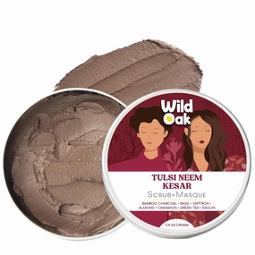 WildOak Tulsi, Neem & Saffron Face Scrub & Mask | Anti Acne | Open Pores | Face Pack | Infused with Power of Bamboo Charcoal, Almond Oil, Cinnamon & Green Tea | 3.5 oz