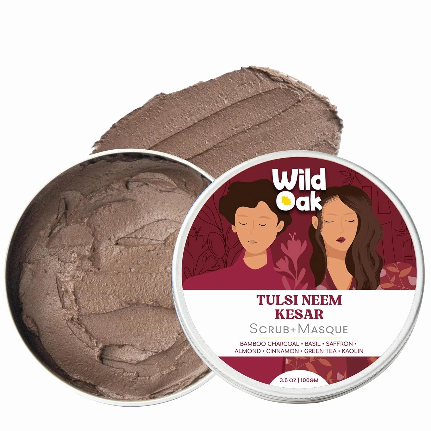 WildOak Tulsi, Neem & Saffron Face Scrub & Mask | Anti Acne | Open Pores | Face Pack | Infused with Power of Bamboo Charcoal, Almond Oil, Cinnamon & Green Tea | 3.5 oz