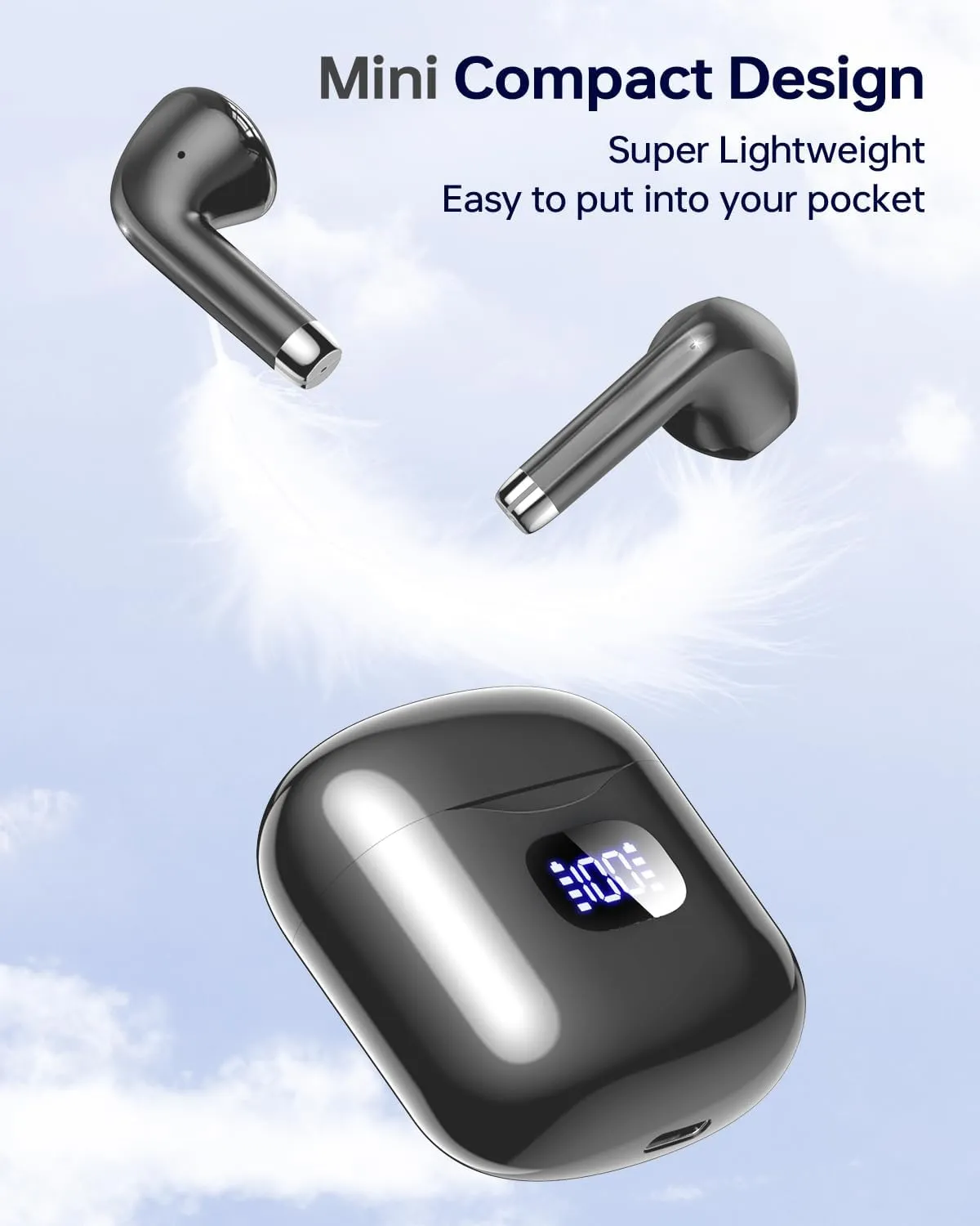 Wireless Earbuds Bluetooth 5.3 Ear Buds, Bluetooth Headphones with LED Display Charging Case, 40Hrs Playtime Stereo Sound, IPX7 Waterproof in-Ear Earphones with Mic for Phone Tablet Sports, Charcoal