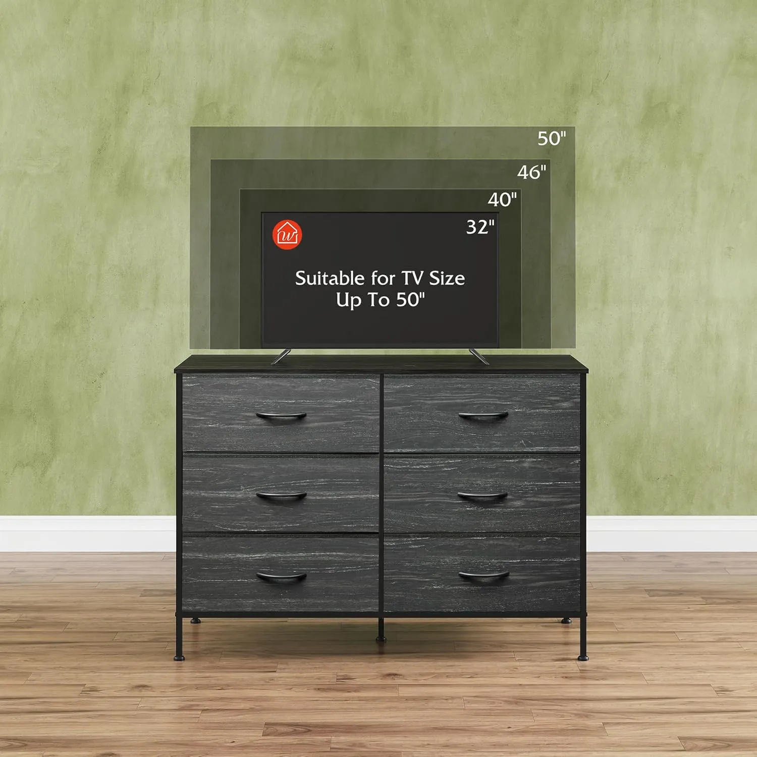WLIVE 6 Drawer Dresser for Bedroom, Wide Fabric Dresser TV Stand for 50 Inches TV with Metal Frame, Wooden Top, Chest of Drawers, Dressers for Living Room, Hallway, Charcoal Black Wood Grain Print