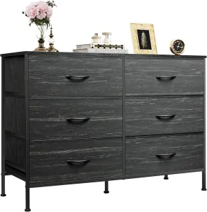 WLIVE 6 Drawer Dresser for Bedroom, Wide Fabric Dresser TV Stand for 50 Inches TV with Metal Frame, Wooden Top, Chest of Drawers, Dressers for Living Room, Hallway, Charcoal Black Wood Grain Print
