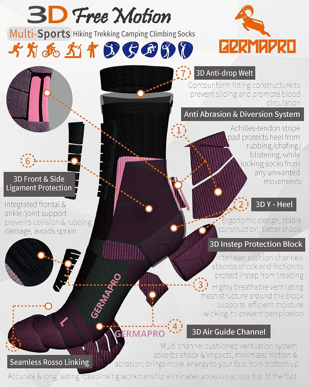 Women's Compression Hiking Socks Boot Socks w/Anti-Stress-Moisture Wicking Germanium & Coolmax Mild-Compression 1/2 Pairs