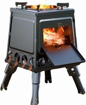 Wood Burning Camp Stove, Portable Cast Iron Camping Wood Stove, Black Woodstove for Backpacking Outdoor Cooking
