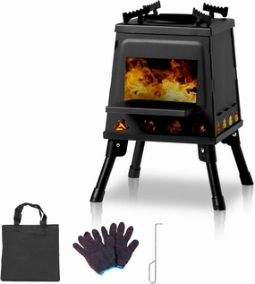 Wood Burning Camp Stove,Portable Low-carbon Steel Camping Wood Stove with Carrying Bag,Firewood Hook and Gloves,Multi-function Stove for Fishing,Picnic,Camping,Heating and Campfire Cooking,Black