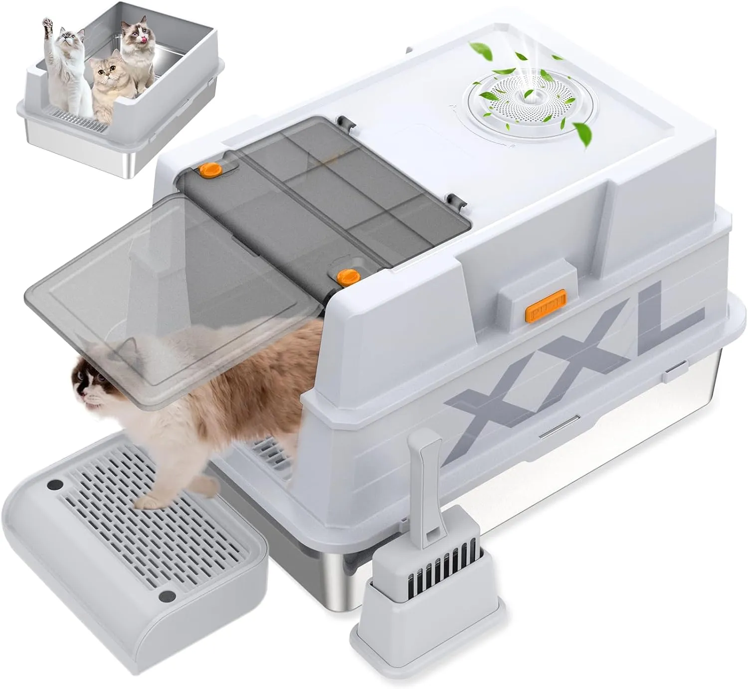 XXL Stainless Steel Litter Box with Lid,XXL Enclosed Metal Cat Litter Box for Big Cats,Multiple Cats,with Litter Scoop & Foot Pedal,Odor Control,Easy Cleaning
