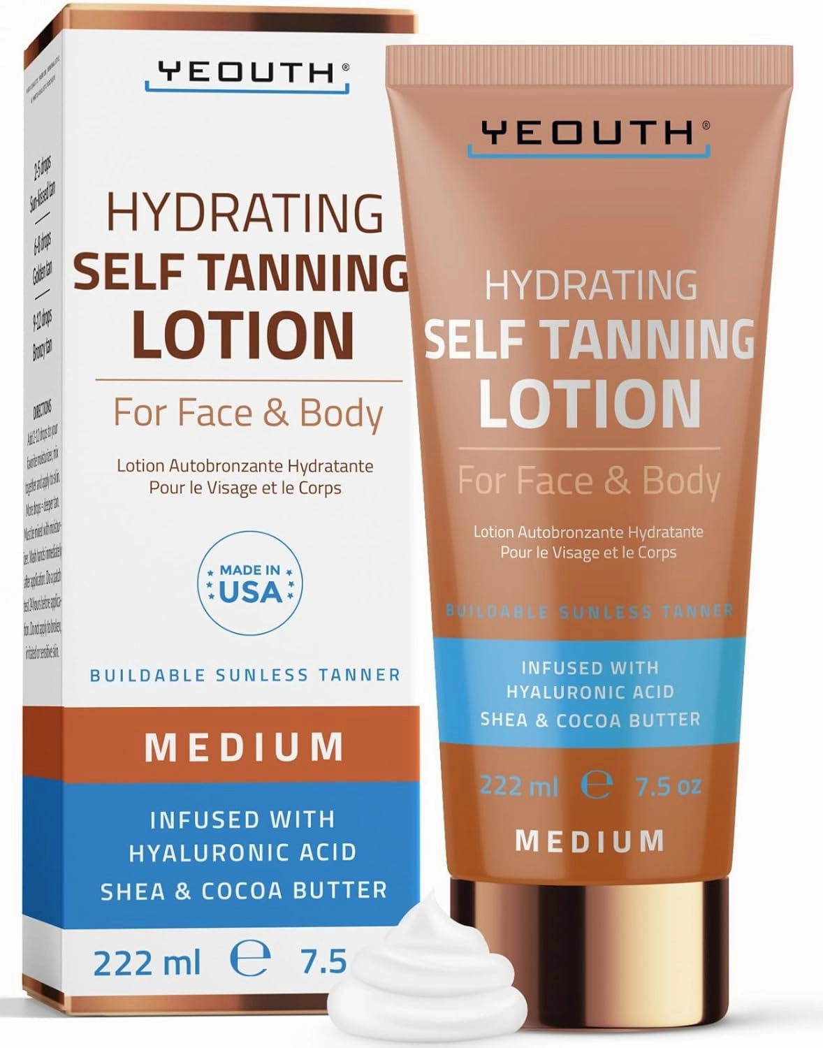 YEOUTH Self Tanner, Medium Self Tanning Lotion for Face and Body, Made in USA Non Toxic Sunless Tanner with Cocoa and Shea Butter, Hydrating Gradual Tanning Lotion 7.5 oz